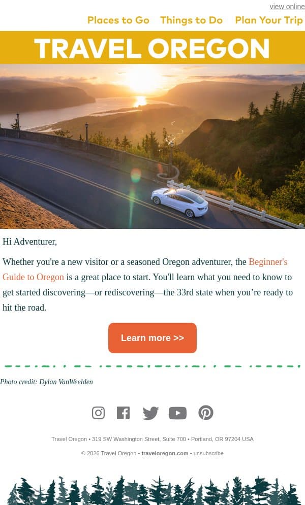 Ready to plan your next adventure? email from Travel Oregon screenshot