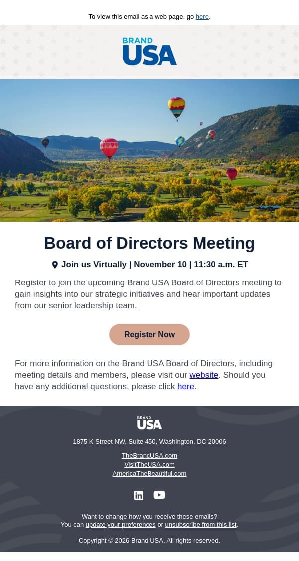 Brand USA Board of Directors Meeting - November 10 email from Travel South USA screenshot