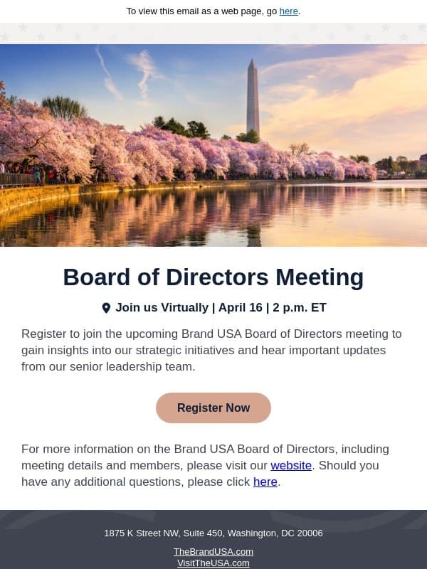 Join us for the Brand USA Board of Directors Meeting April 16 email from Travel South USA
