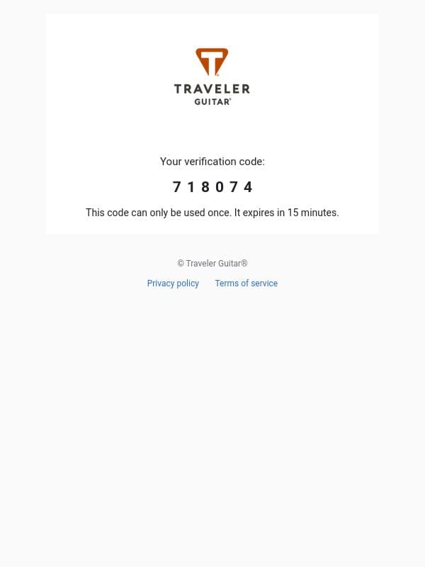 718074 is your code email from Traveler Guitars screenshot