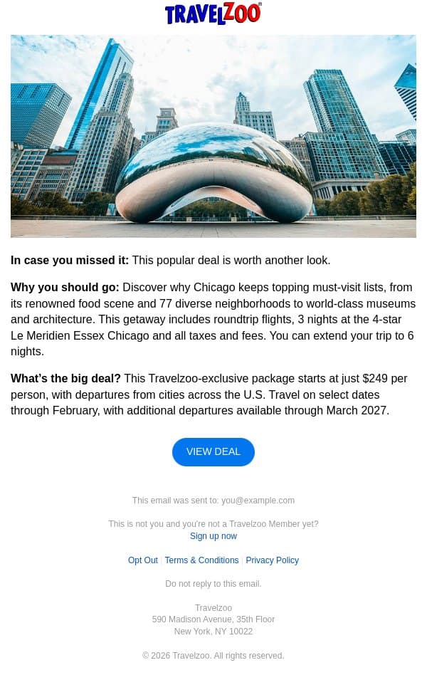 Don't miss this Chicago 4-star trip w/flights for $249 email from Travelzoo screenshot