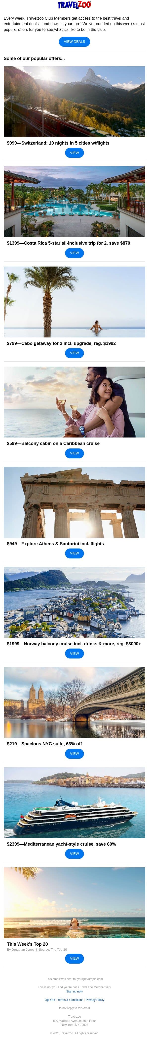 This week’s trending deals—October 29, 2026 email from Travelzoo screenshot