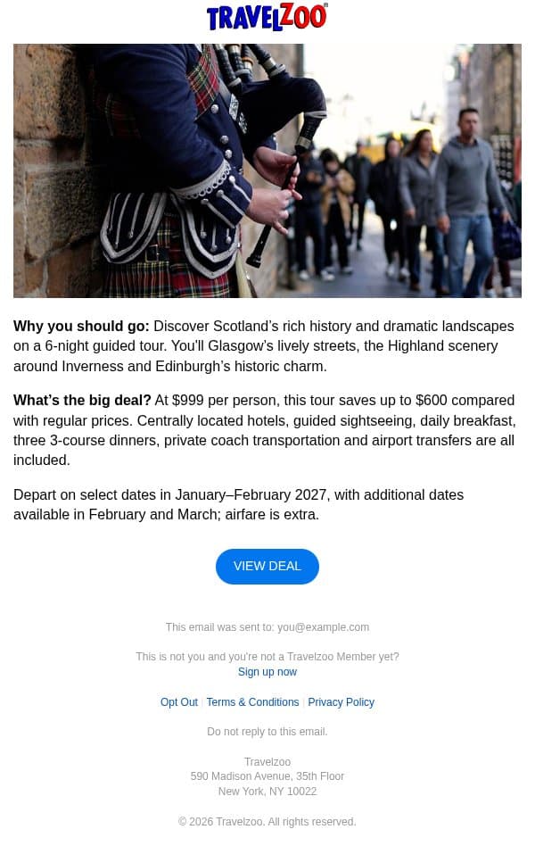 $999—Explore Scotland with a guide, $600 off email from Travelzoo screenshot