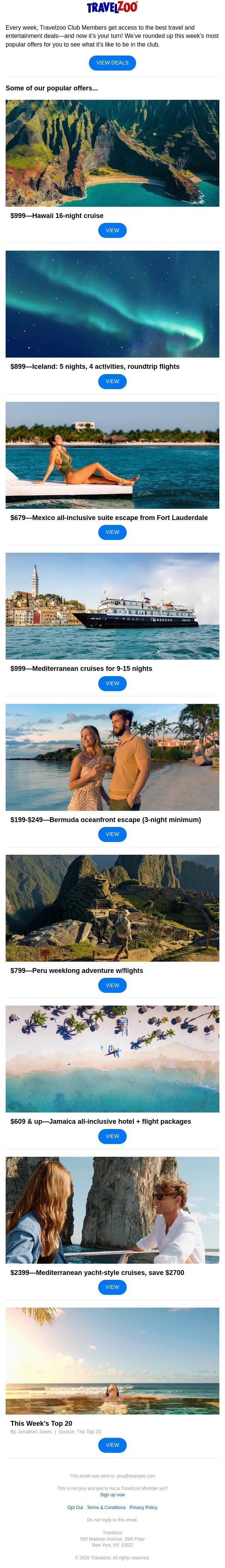 This week’s trending deals—October 22, 2026 email from Travelzoo screenshot