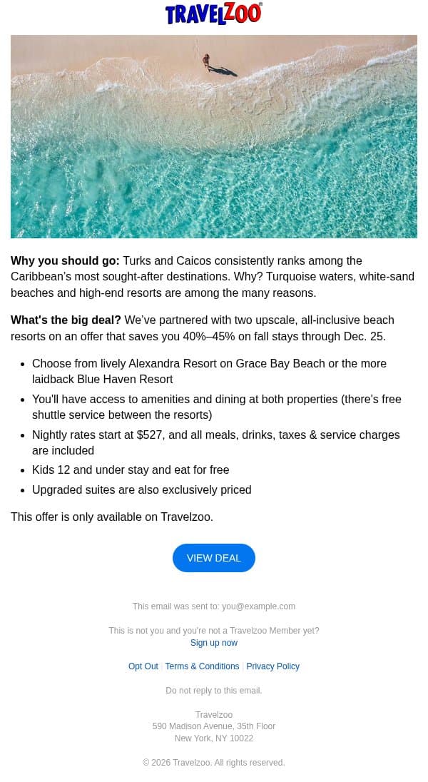 45% off—Turks & Caicos all-inclusive resorts email from Travelzoo screenshot