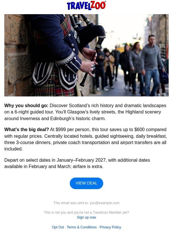 $999—Explore Scotland with a guide, $600 off email from Travelzoo