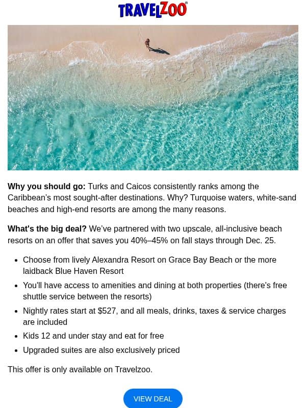 45% off—Turks & Caicos all-inclusive resorts email from Travelzoo