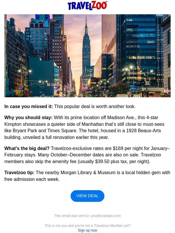 This $169 NYC newly renovated Park Ave. Kimpton not to miss email from Travelzoo