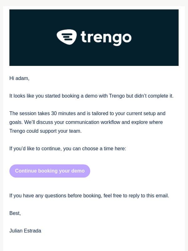 Continue booking your demo email from Trengo