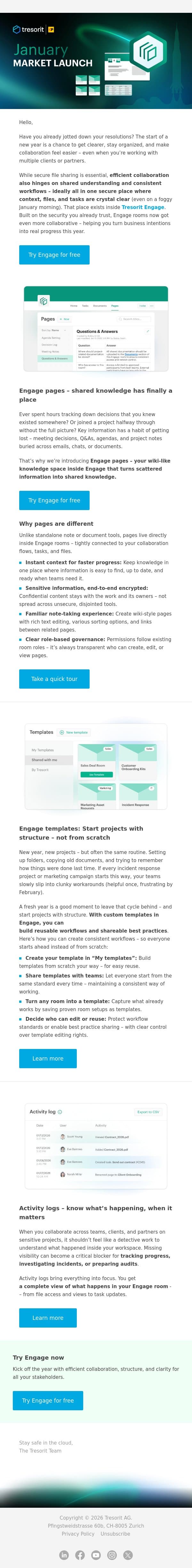 Meet pages – your knowledge space inside Engage email from Tresorit screenshot