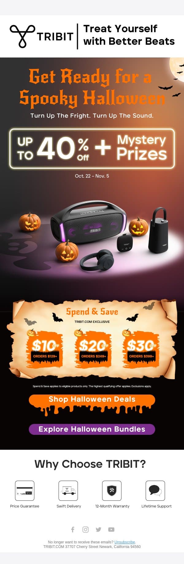 π Up to 40% OFF β Let the Halloween Deals Begin! email from Tribit screenshot