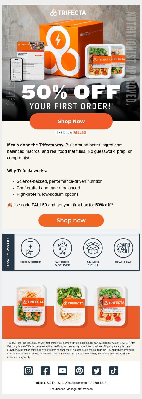 Real food. Real results. 50% off! email from Trifecta Nutrition screenshot
