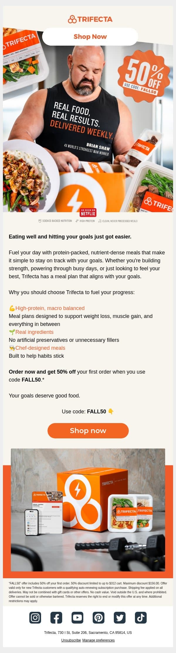 Better food, more progress - plus a discount! email from Trifecta Nutrition screenshot