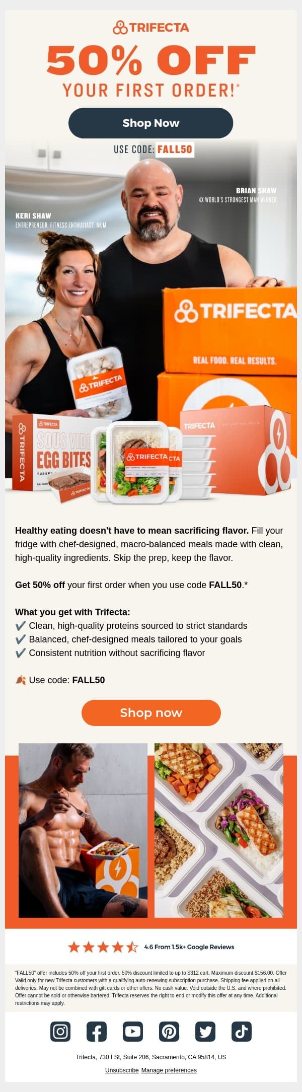 Clean meals delivered to your door, 50% off! email from Trifecta Nutrition screenshot