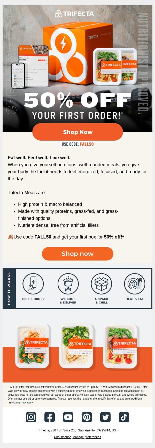 Eat Well. Feel Well. email from Trifecta Nutrition screenshot
