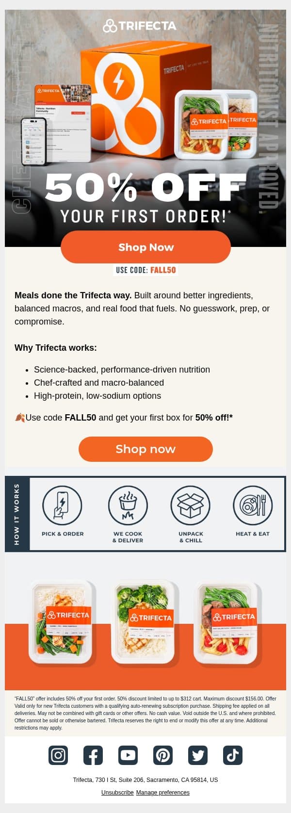Real food. Better results. 50% off! email from Trifecta Nutrition screenshot