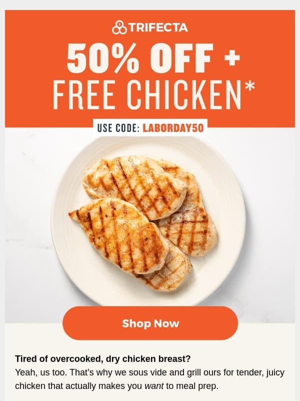 Free chicken and a discount! email from Trifecta Nutrition
