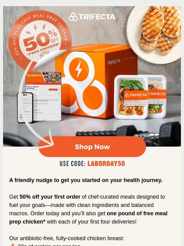 Meal prep made simple with 50% off! email from Trifecta Nutrition