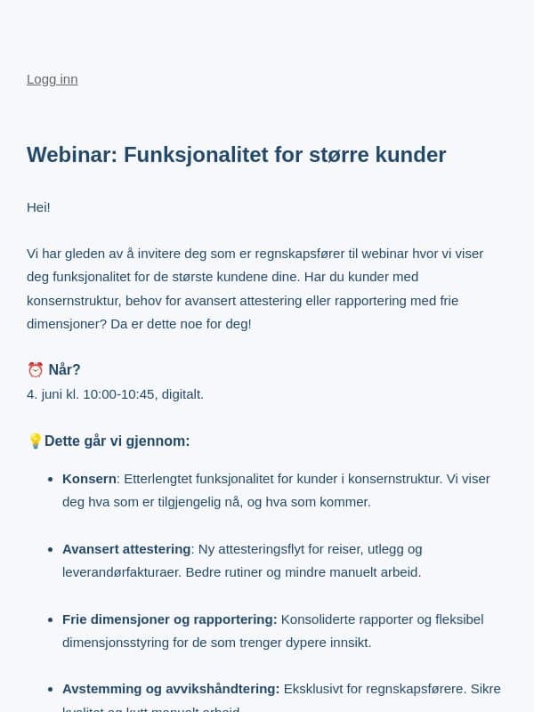 Webinar: Funksjonalitet for større kunder email from Tripletex