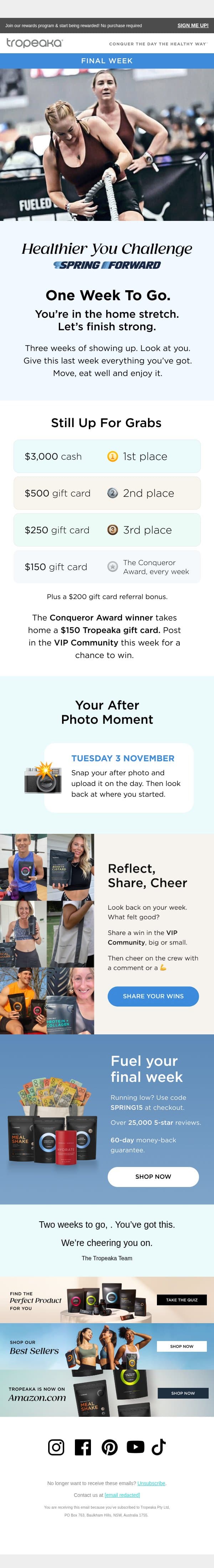 One week to go, . email from Tropeaka screenshot