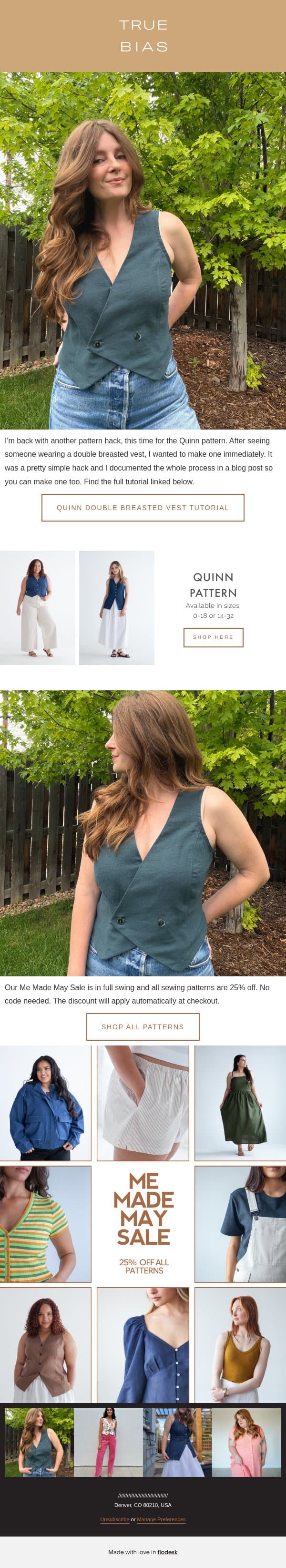 Double Breasted Quinn Vest Tutorial email from True Bias screenshot
