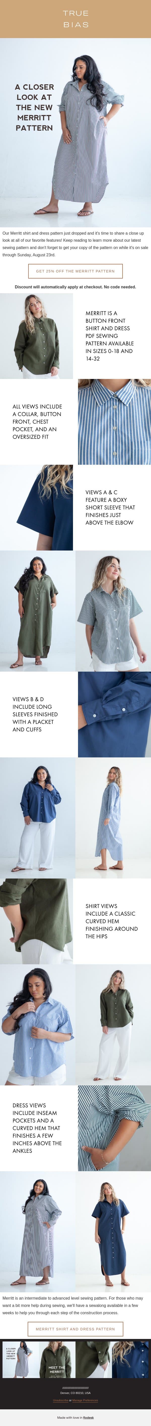 Let's take a closer look at Merritt, our newest sewing pattern. email from True Bias screenshot