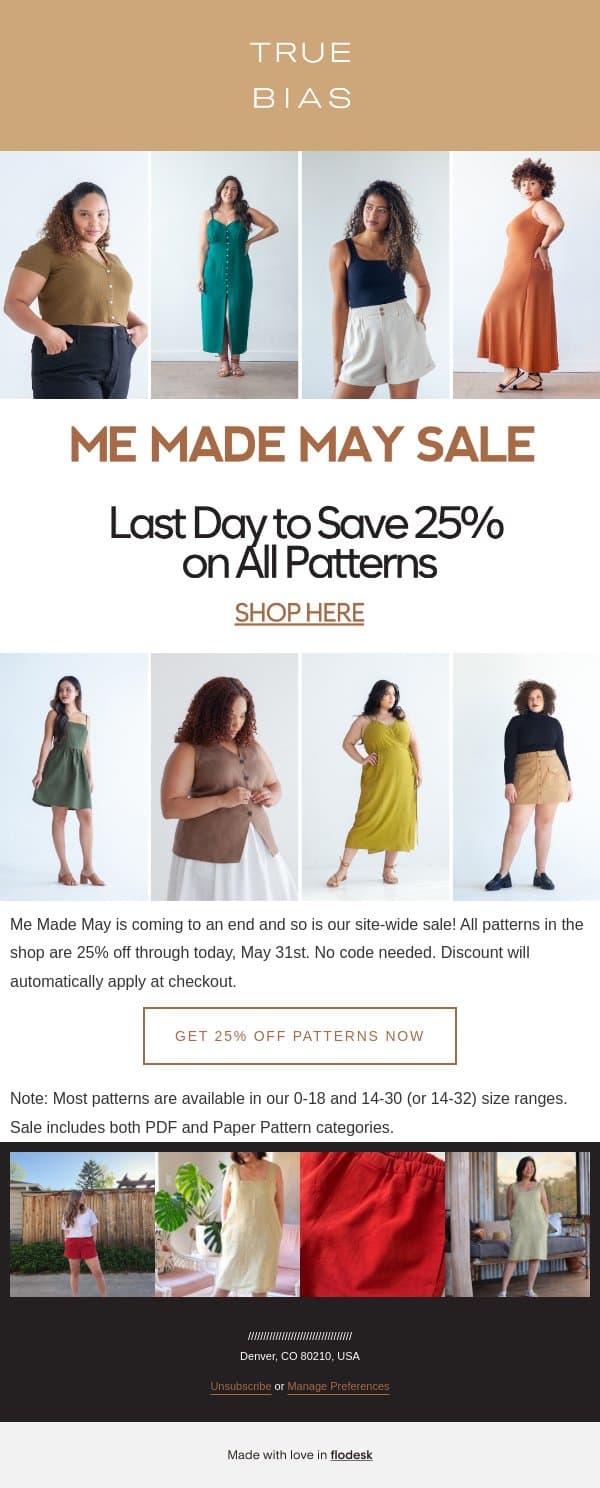 Me Made May Sale Ends Today! email from True Bias screenshot