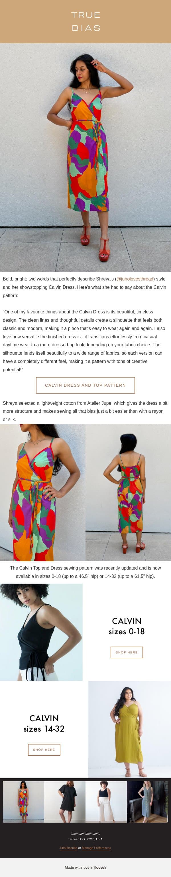 A bright, bold Calvin Dress email from True Bias screenshot