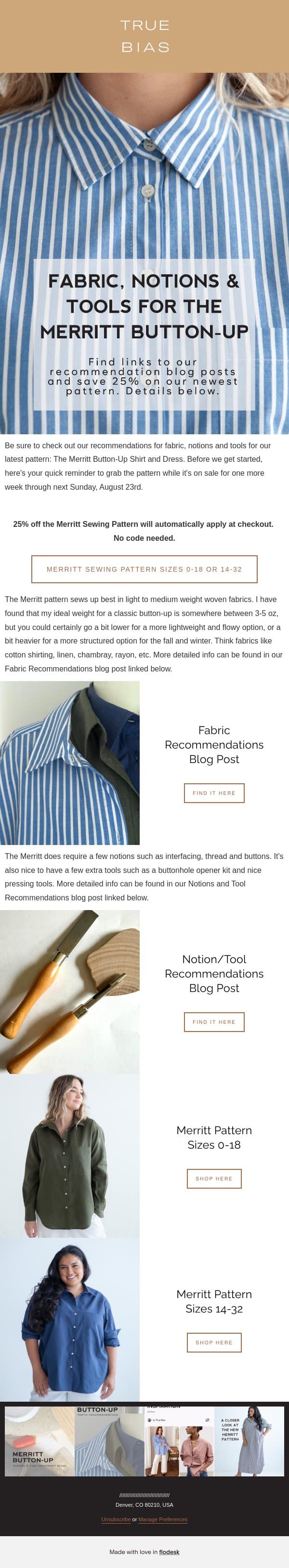 Fabric/Notions/Tools for the NEW Merritt Button-Up email from True Bias screenshot