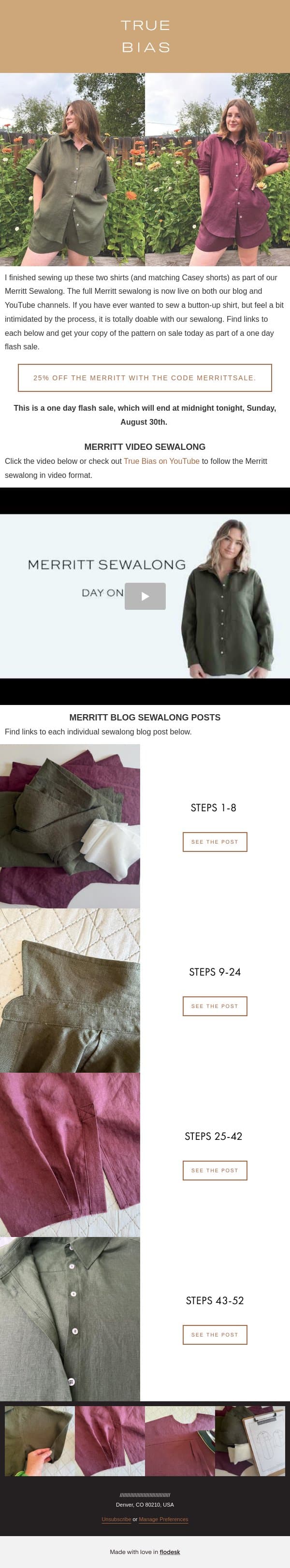 The full Merritt Sewalong + Flash Sale. email from True Bias screenshot