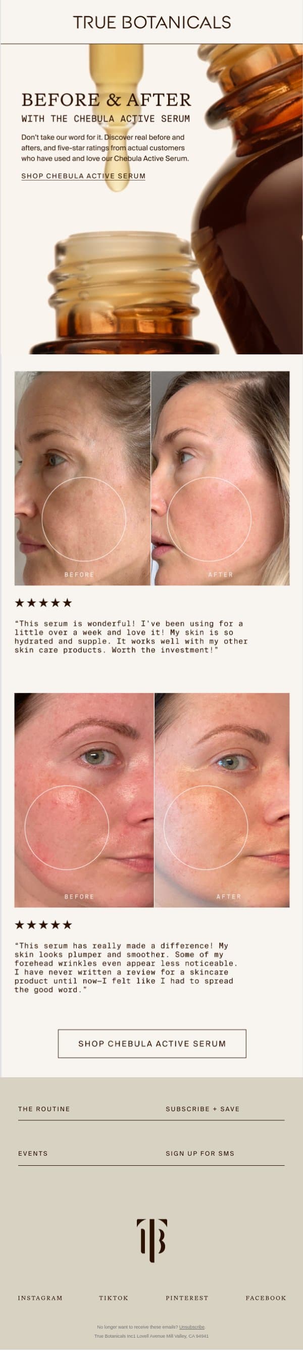 Before and afters from our community. email from True Botanicals screenshot