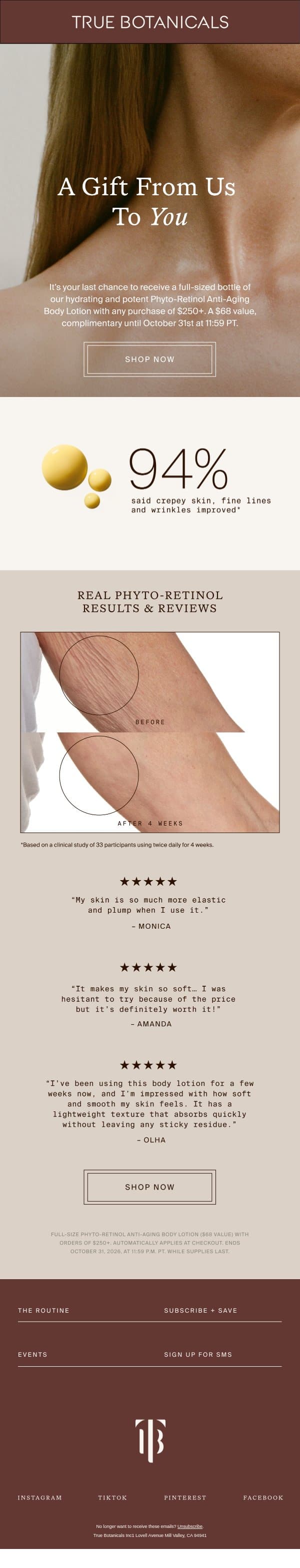 Last Chance: Complimentary Phyto-Retinol Body Lotion email from True Botanicals screenshot