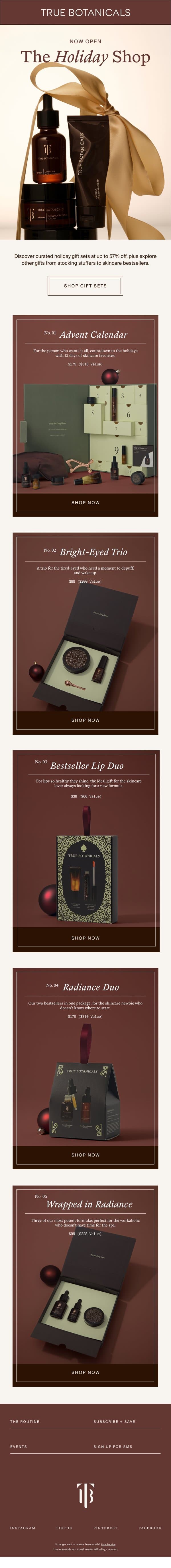 Holiday Sets are Here email from True Botanicals screenshot