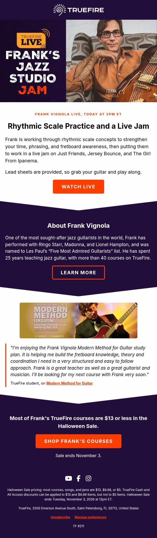 🎥 Live at 2pm ET! Jam with Frank Vignola email from TrueFire screenshot