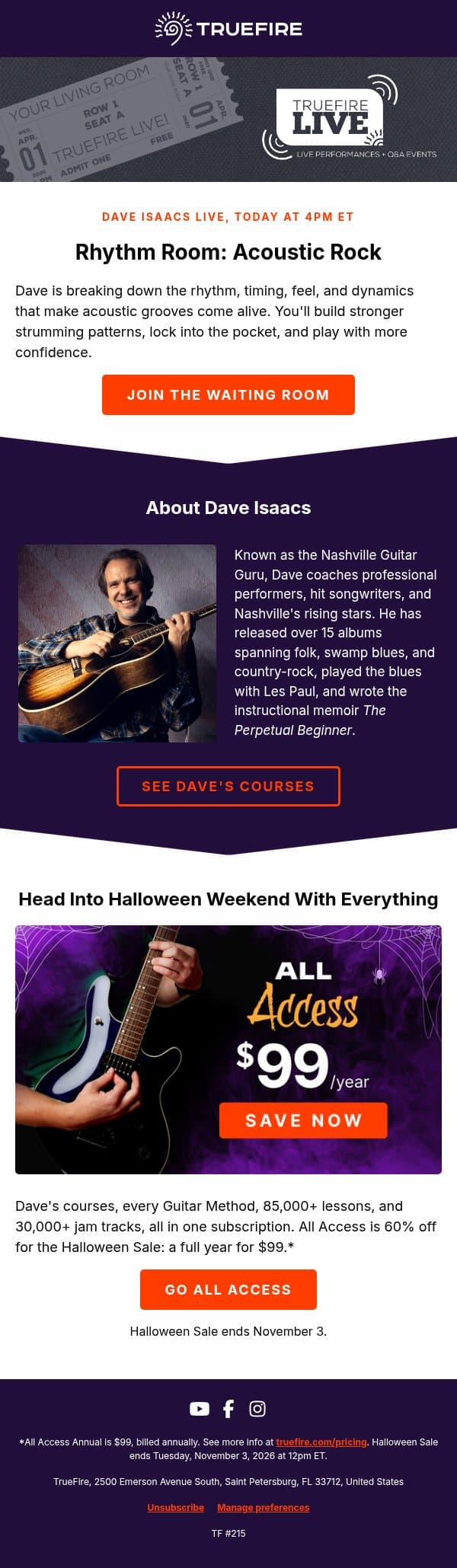 Live at 4pm ET: Acoustic rock grooves with Dave Isaacs email from TrueFire screenshot