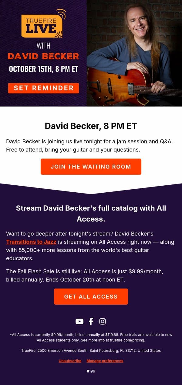 TODAY: David Becker goes live! Grab your 🎸 email from TrueFire screenshot