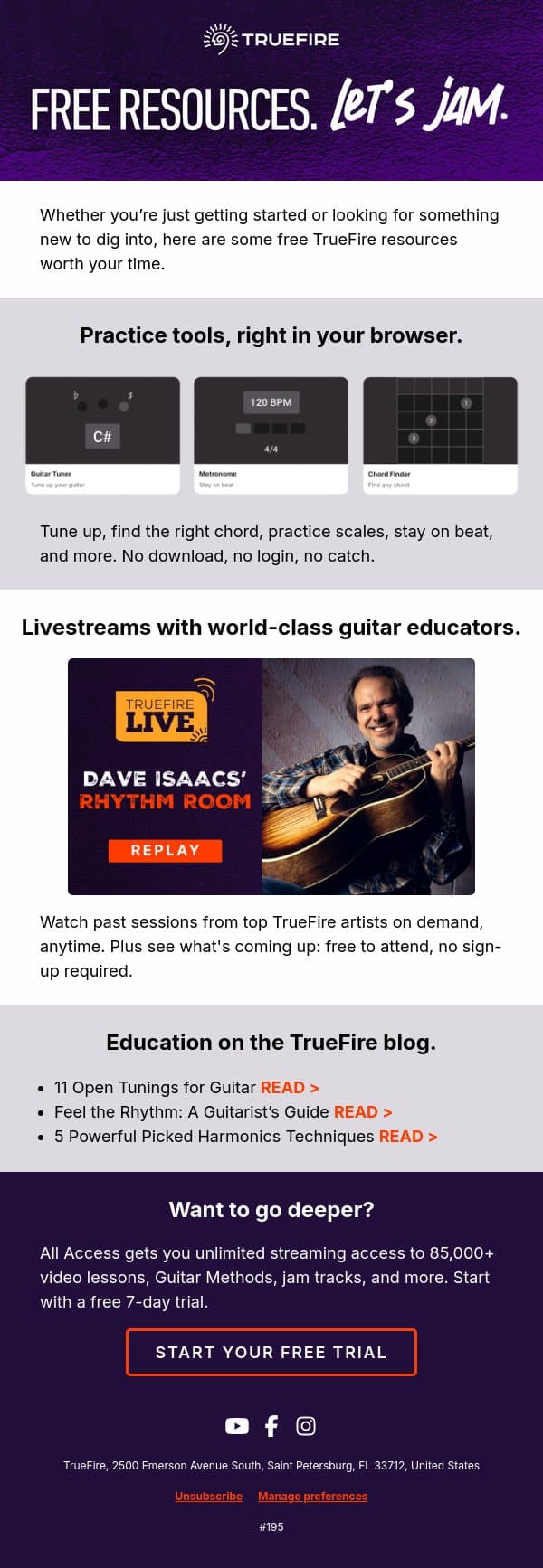 Free resources from TrueFire worth bookmarking. email from TrueFire screenshot