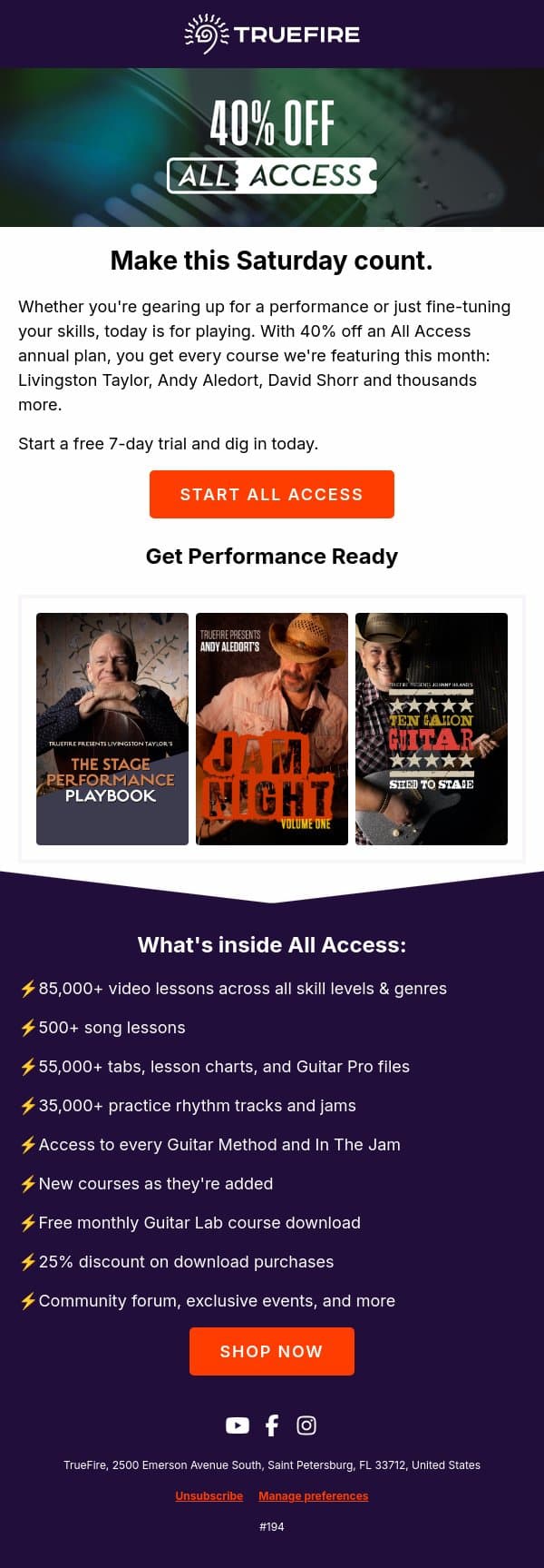 Saturday + All Access + 40% off. Go play. email from TrueFire screenshot