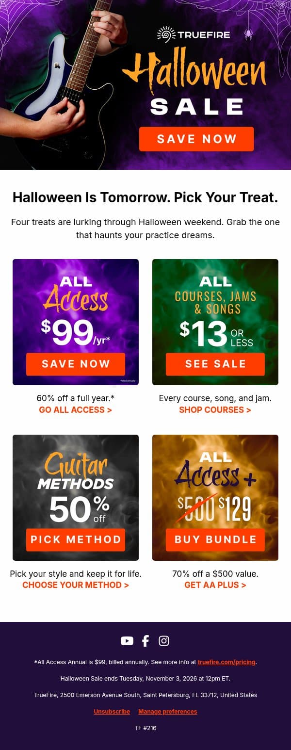 🎃 Halloween is tomorrow: pick your treat email from TrueFire screenshot