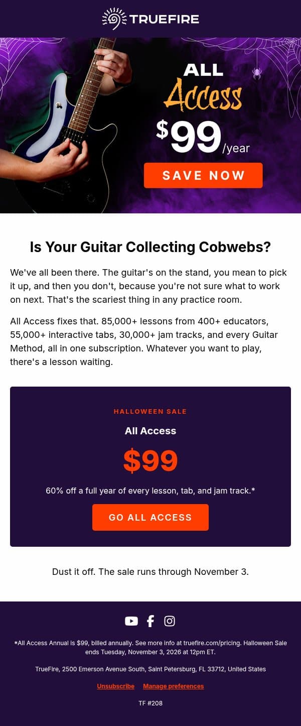 🕸️ Is your guitar collecting cobwebs? email from TrueFire screenshot