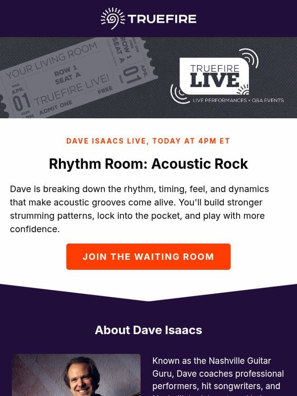 Live at 4pm ET: Acoustic rock grooves with Dave Isaacs email from TrueFire