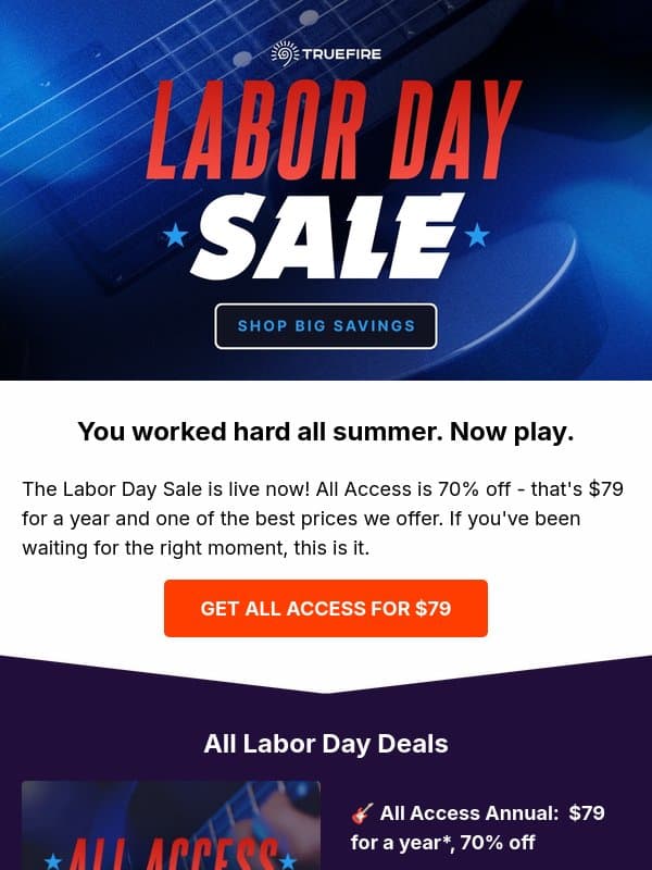 πΈ LABOR DAY SALE: All Access drops to $79 for a year email from TrueFire