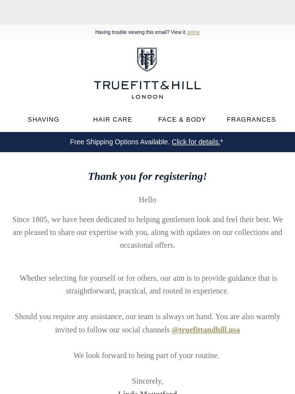 Welcome to Truefitt & Hill email from Truefitt & Hill