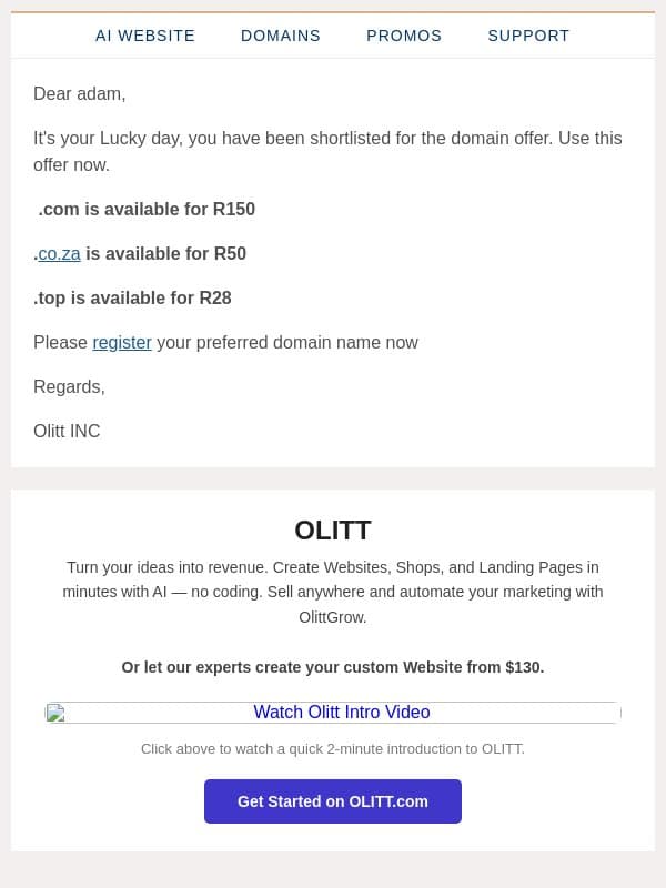 Today's domain offers in Truehost.CO.ZA email from Truehost Cloud