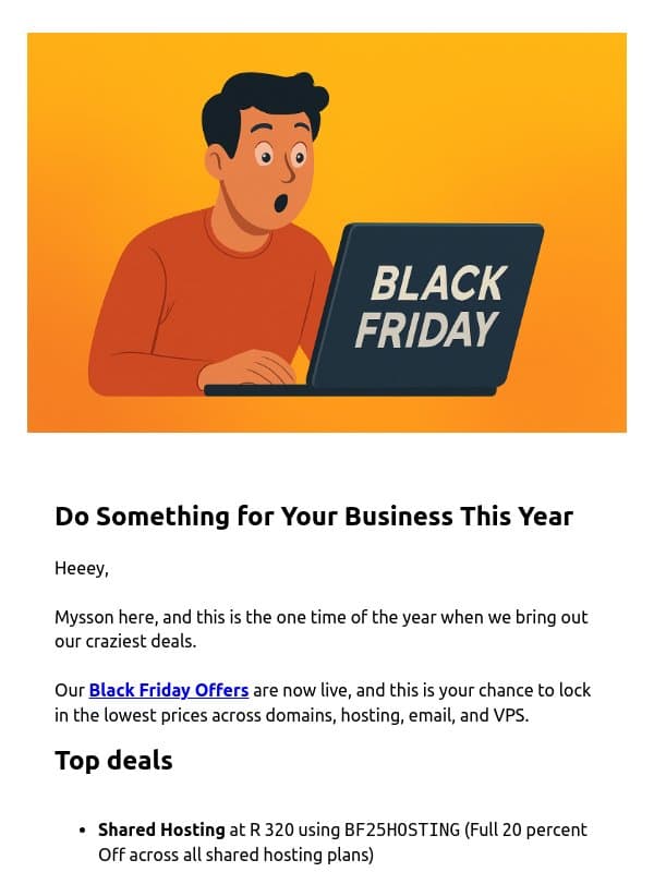 We're Live! Our Best Black Friday Deals Ever, email from Truehost.co.za