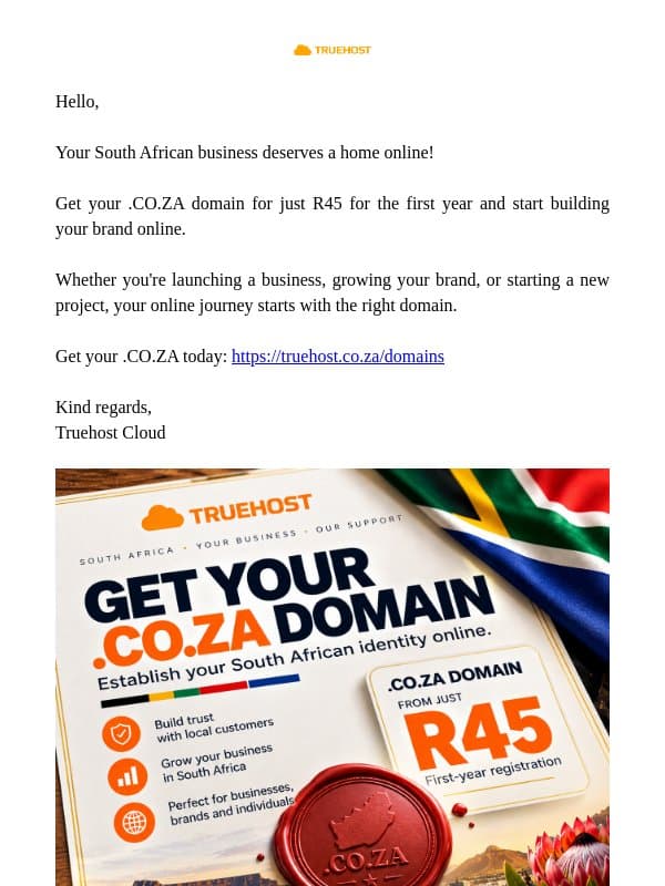Get Your .CO.ZA Domain for Just R45 email from Truehost.co.za