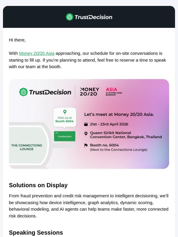 Money20/20 Asia is approaching, reserve time with us email from TrustDecision