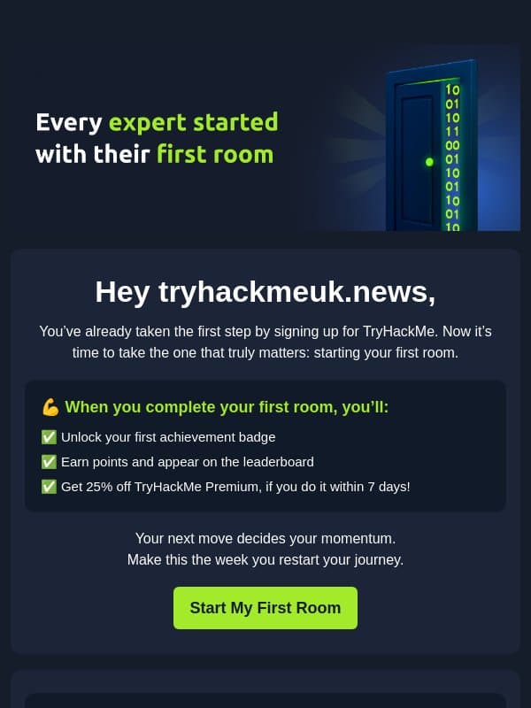 Ready to restart your cyber journey? 🔥 email from TryHackMe