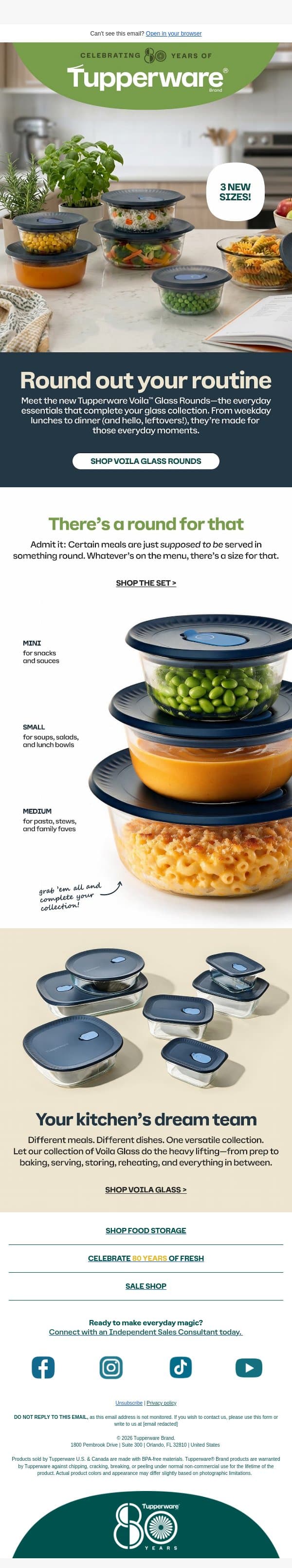 Voila! New sizes, endless possibilities. email from Tupperware screenshot