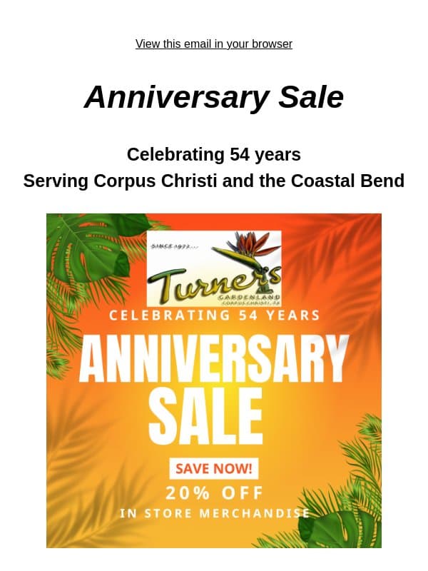 Anniversary Sale email from Turner’s Gardenland